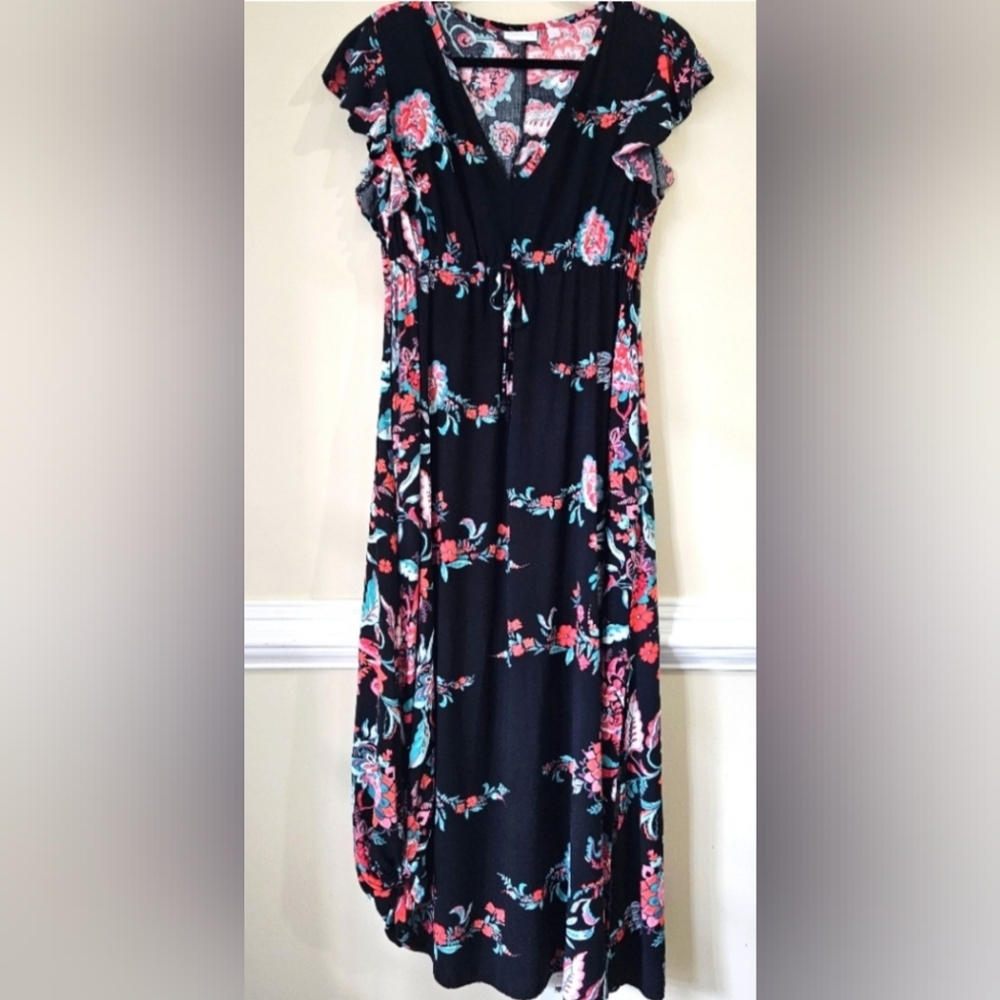 PRE-LOVED New York & Company Black Maxi Dress with Floral Print (Size: M)